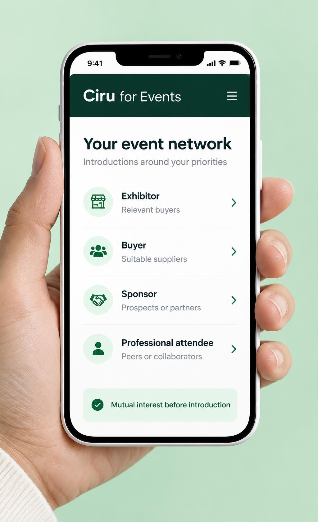 Ciru for Events participant illustration showing exhibitor, buyer, sponsor and professional attendee priorities, with mutual interest before introduction
